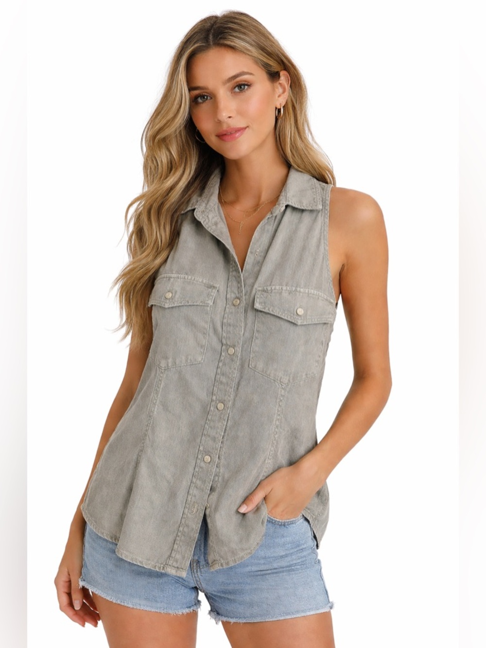 Anthropologie Cloth & Stone Grey Tencel Sleeveless Buttondown Tank